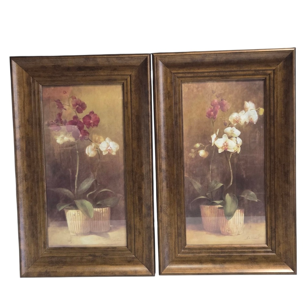 Set of 2 Vintage Framed Orchid Prints Signed F de Villeneuve Wall Art Home Decor